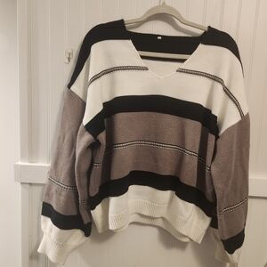 Elegant V-Neck Striped Sweater - Black, White, and Brown